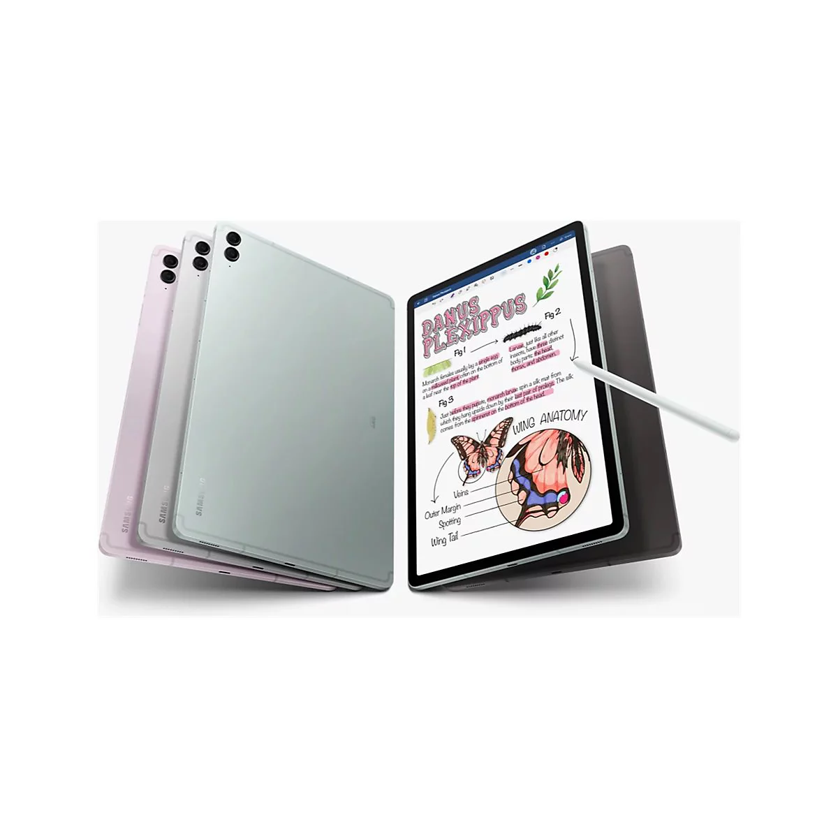 Verschiedene Tablets in Pastellfarben, ein Tablet mit Notizen. Auf dem Bildschirm ist ein Diagramm abgebildet und ein Stift wird gezeigt.