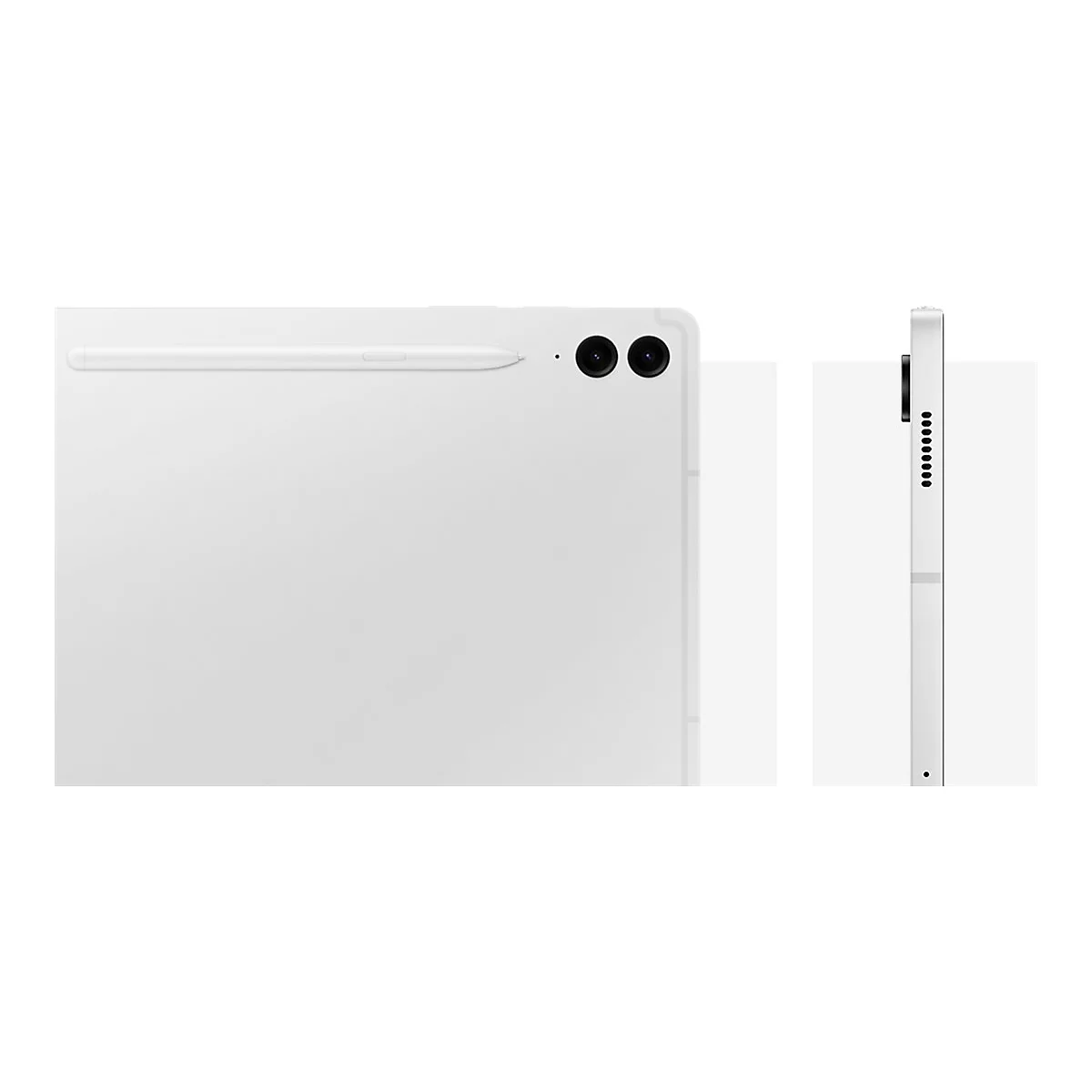 WeiÃŸes Tablet mit Stift und zwei Objektiven, seitliche Ansicht.