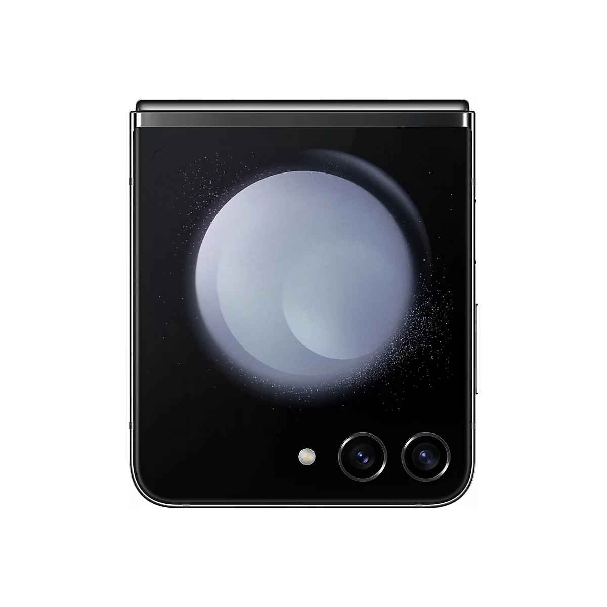 Schwarzes, zusammengeklapptes Smartphone. RÃ¼ckseite mit abgerundeter, heller Halbmond-Grafik, darunter zwei Linsen.