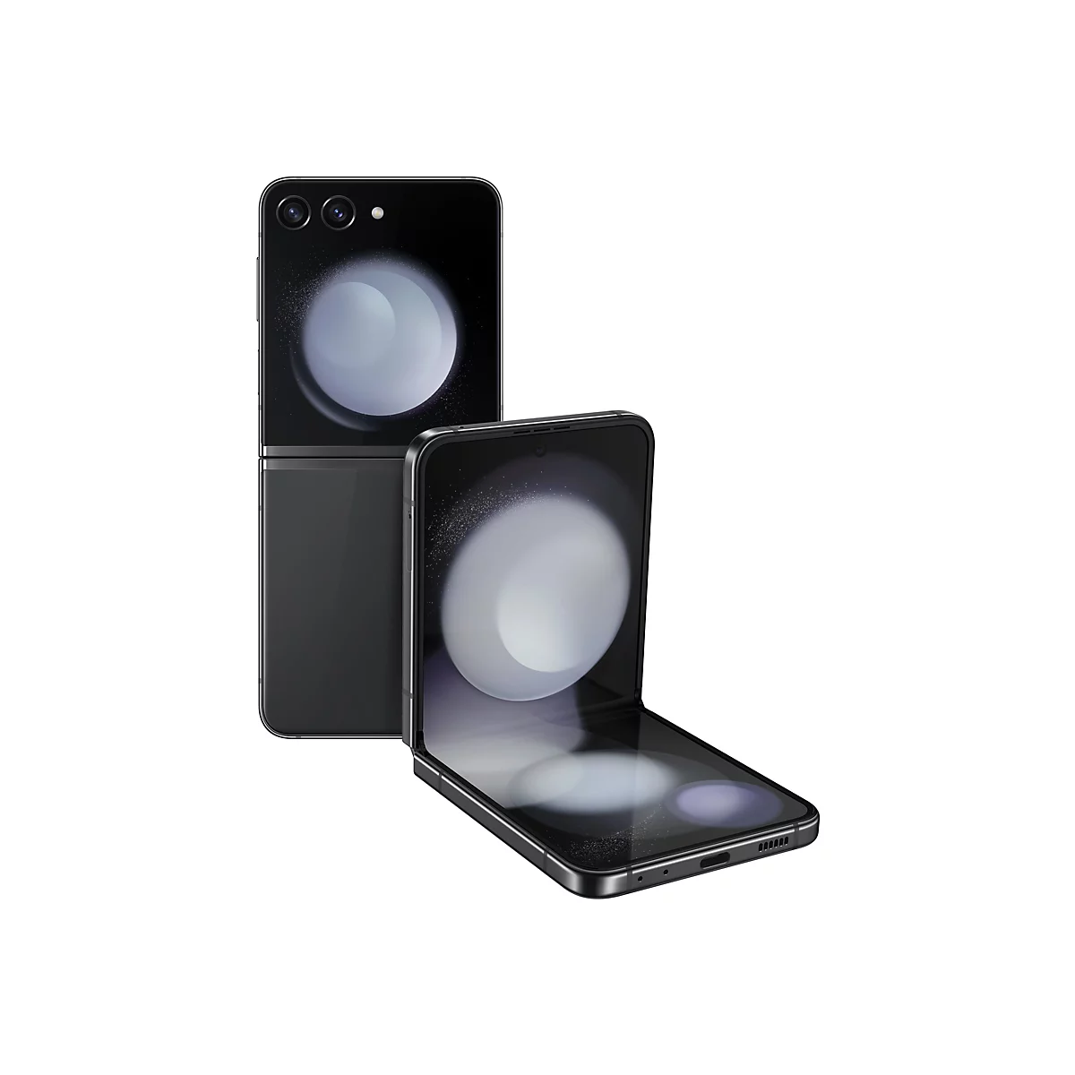 Zwei schwarze Smartphones, eines offen, eines geschlossen. Beide zeigen eine runde Kamera. WeiÃŸer Hintergrund.