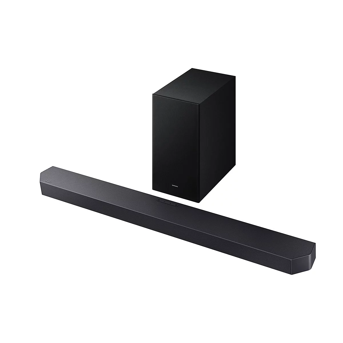 Schwarze Soundbar und Subwoofer auf weißem Hintergrund.