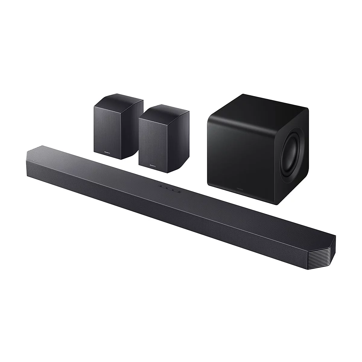 Schwarzes Surround-Sound-System, bestehend aus Soundbar, zwei Lautsprechern und Subwoofer. Vor weißem Hintergrund.