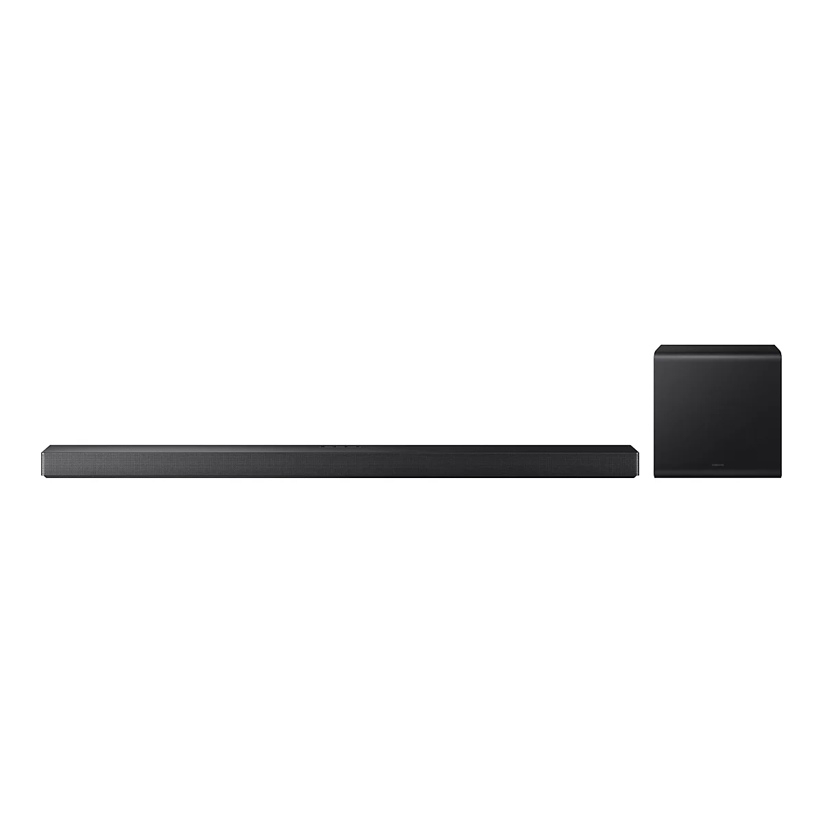 Schwarzes Soundbar-System mit Subwoofer vor weißem Hintergrund. Das Soundbar ist lang und rechteckig, der Subwoofer ist quadratisch.