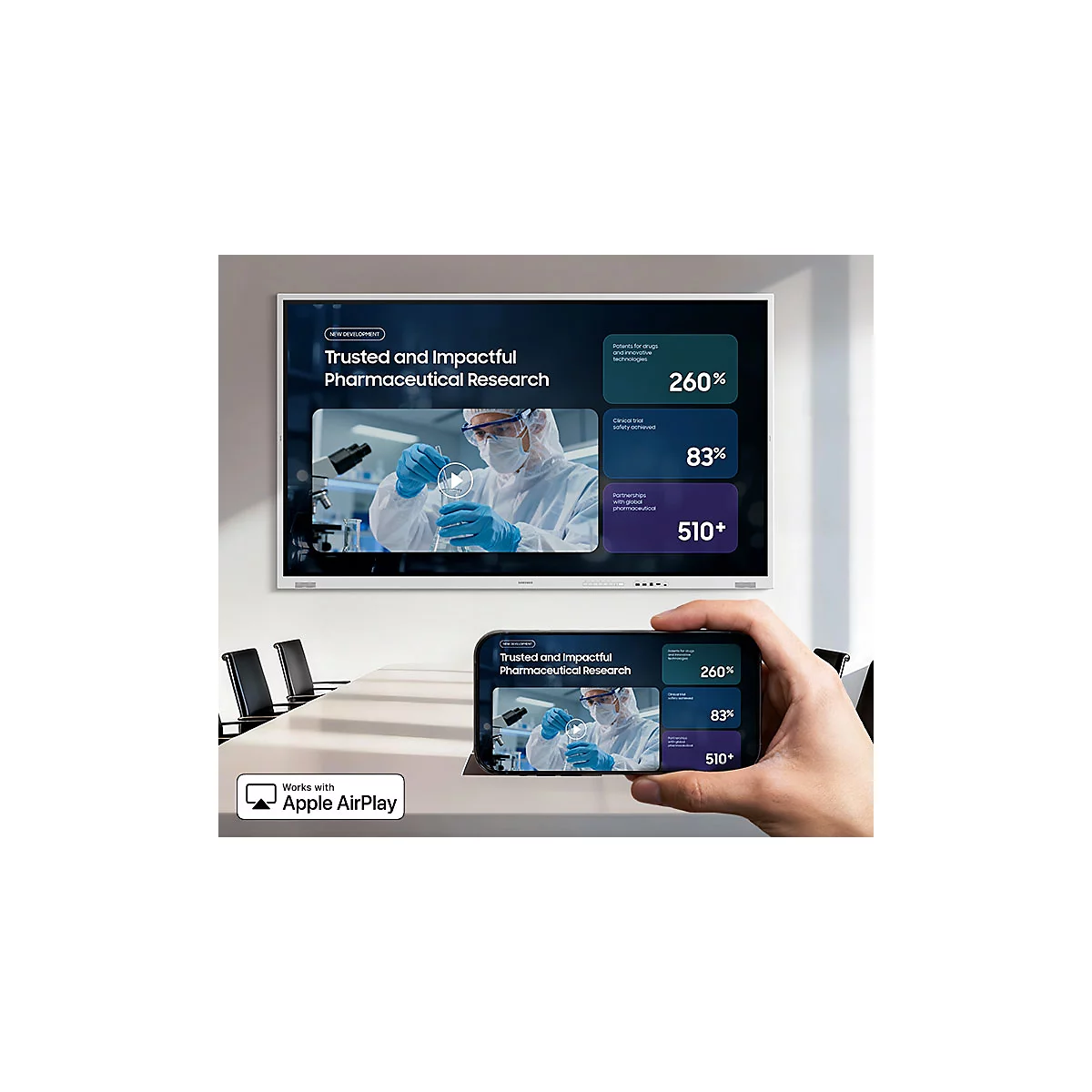 Ein Smartphone zeigt eine Präsentation über pharmazeutische Forschung, die zeitgleich auf einem großen Konferenzmonitor läuft.