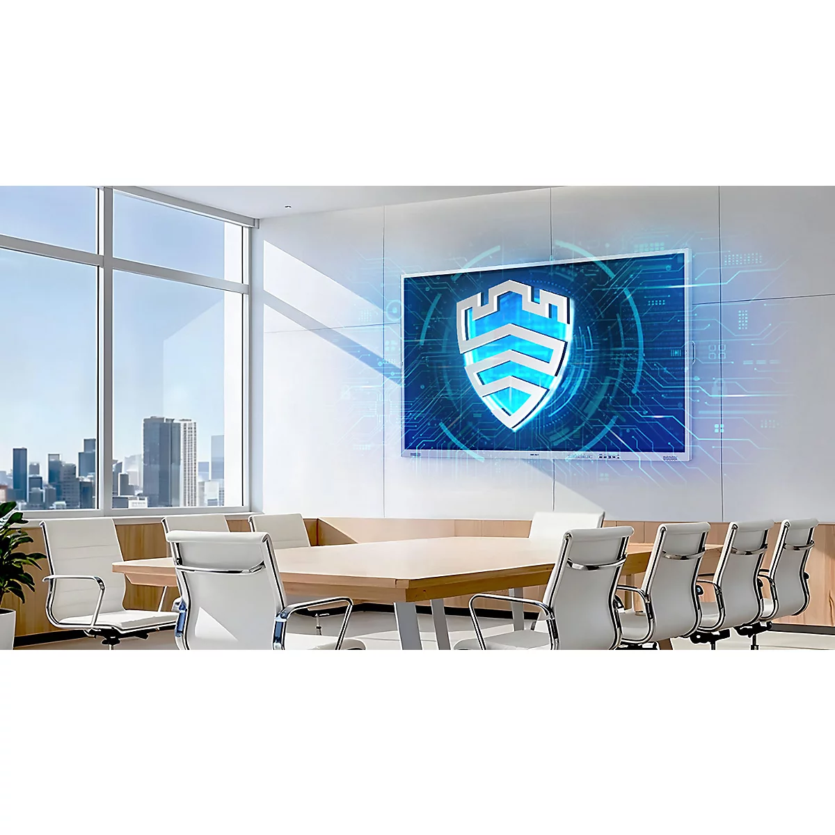 Ein heller Konferenzraum mit einem großen Monitor an der Wand, der ein leuchtendes Schild-Symbol anzeigt.