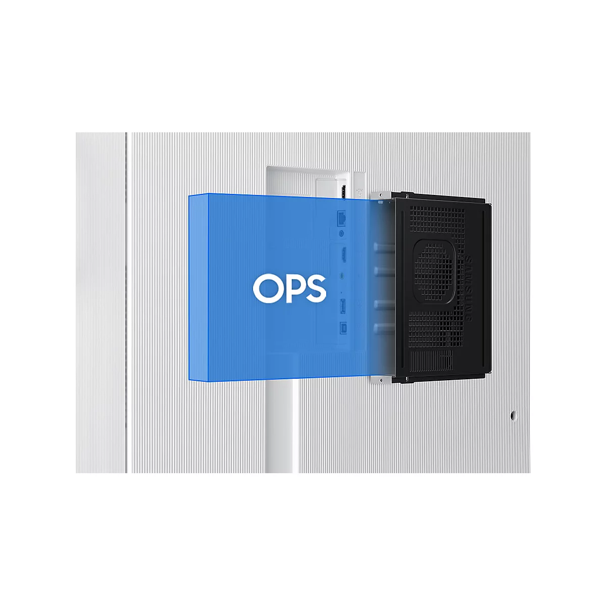 Ein schwarzer OPS-Einschubcomputer wird in einen weißen Monitor eingesetzt, visualisiert durch eine blaue Markierung.