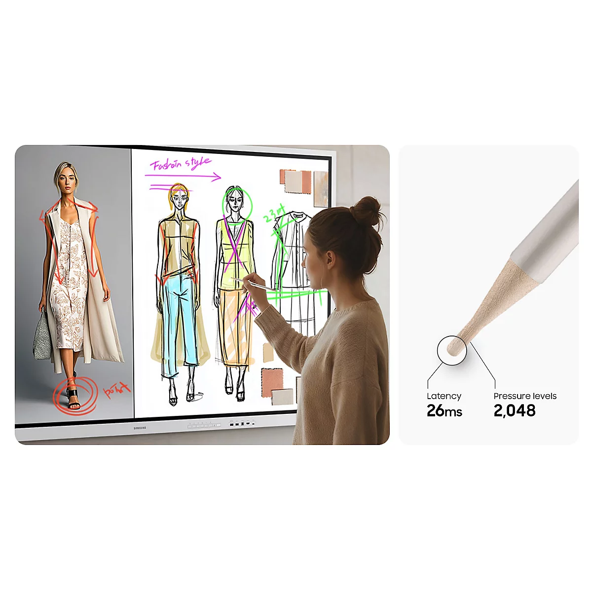 Designerin skizziert Modeentwürfe auf einem großen digitalen Touchscreen mit einem Eingabestift.