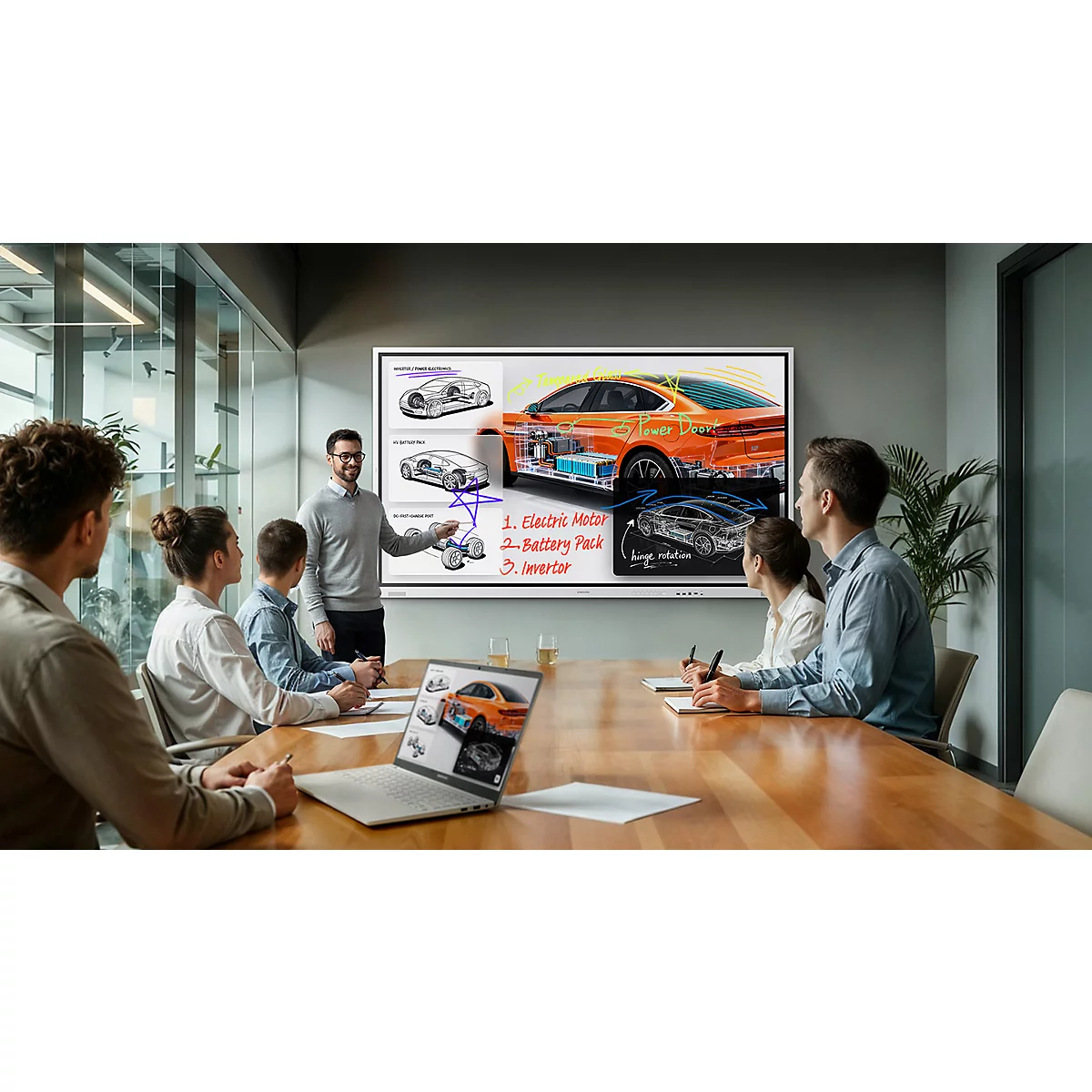 Ein Team in einer Besprechung betrachtet eine Präsentation über Elektroautos auf einem interaktiven Display.