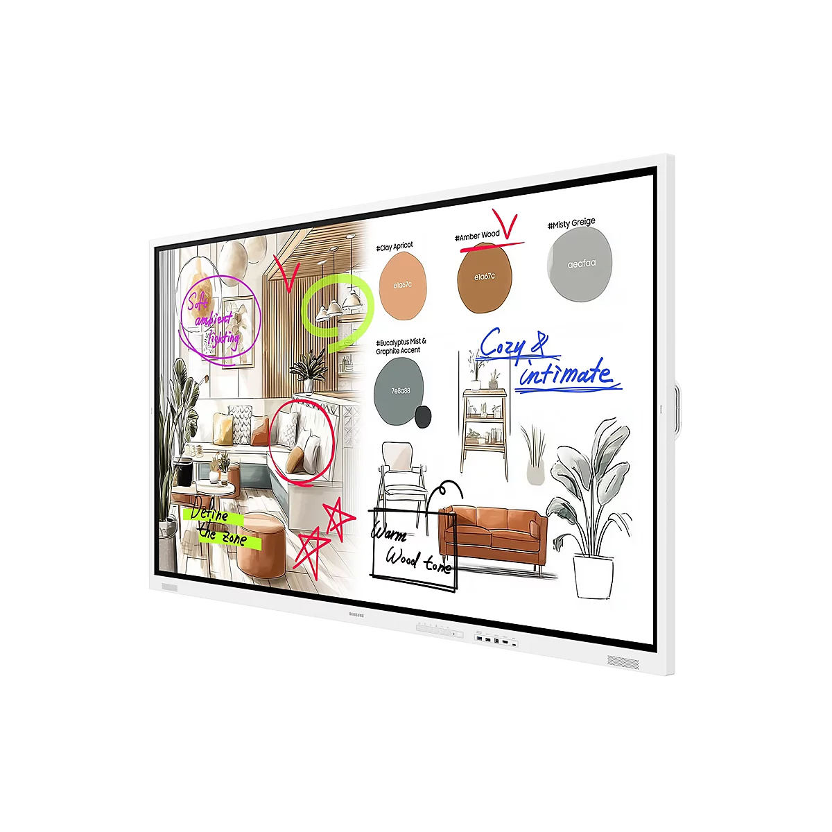 Digitales Whiteboard mit Innenarchitektur-Skizzen, Farbpaletten und handschriftlichen Notizen.
