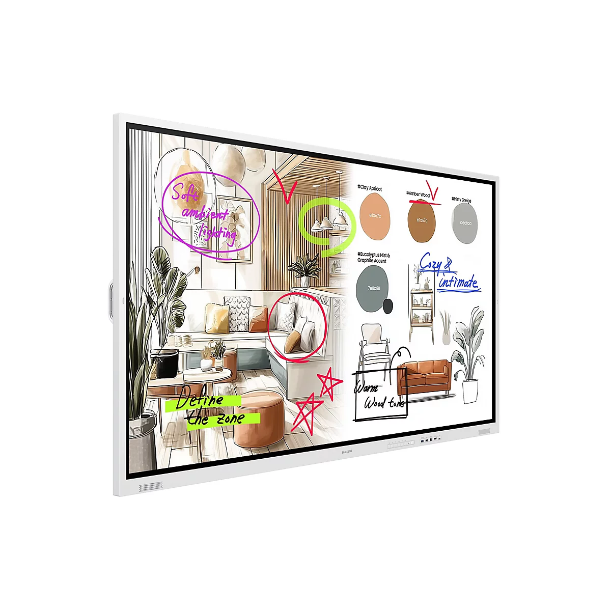 Digitales Whiteboard zeigt einen Entwurf für eine Innenarchitektur mit handgeschriebenen Notizen und Skizzen.