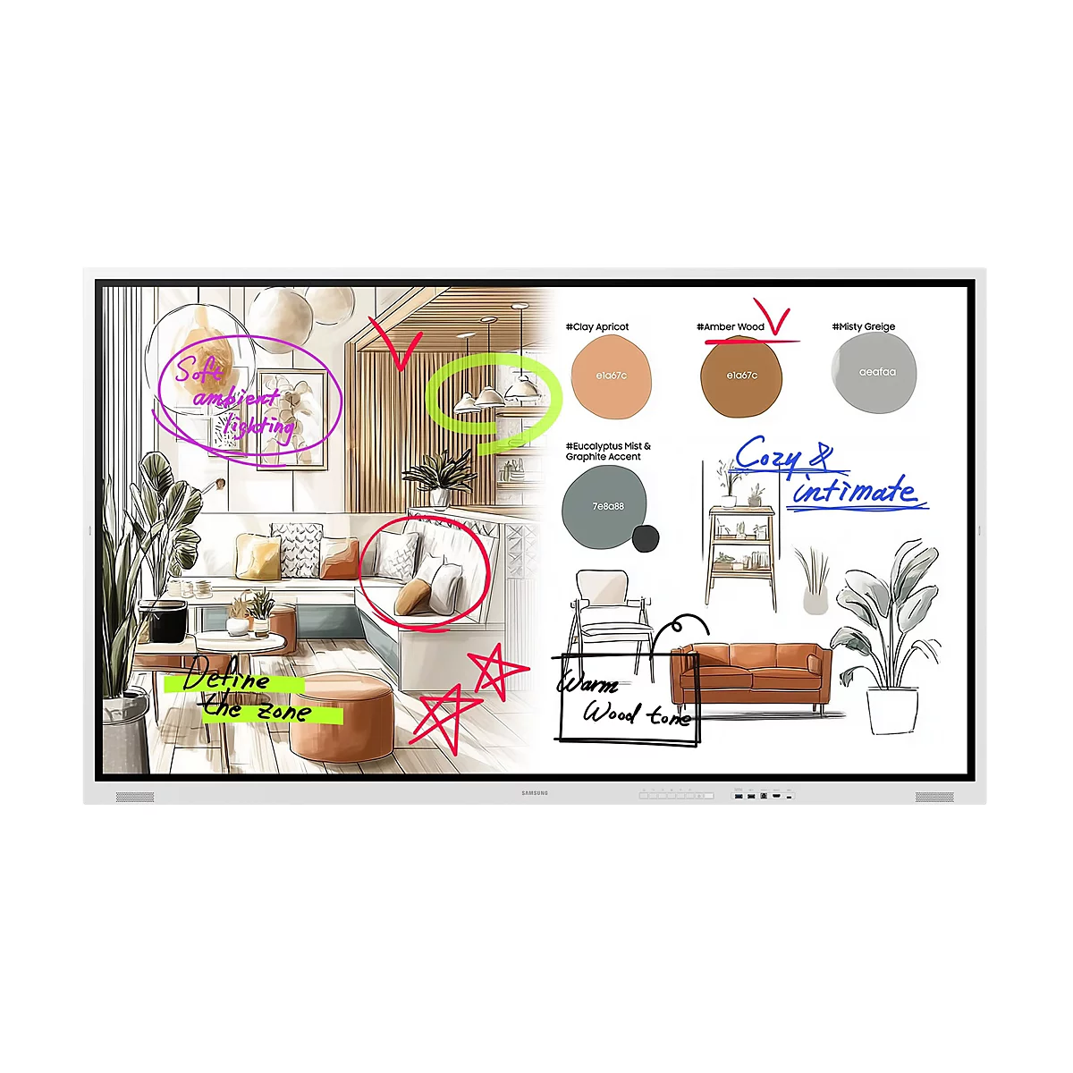 Digitales Display zeigt ein Interior-Design-Moodboard mit Skizzen, Farbpaletten und handschriftlichen Notizen.
