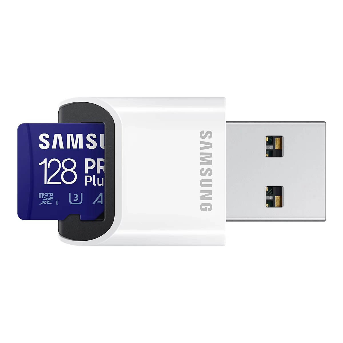 Ein weiÃŸer USB-Adapter mit einer eingelegten blauen Samsung Micro-SD-Karte.