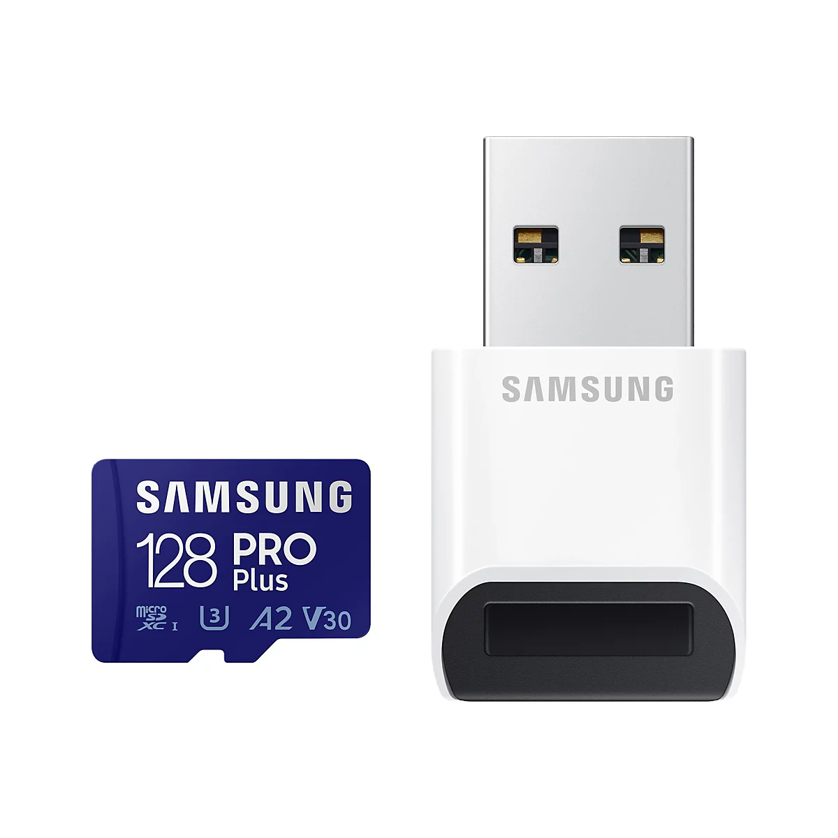 Samsung 128GB MicroSD Karte mit USB-Adapter. Die Karte ist blau, der Adapter weiÃŸ.