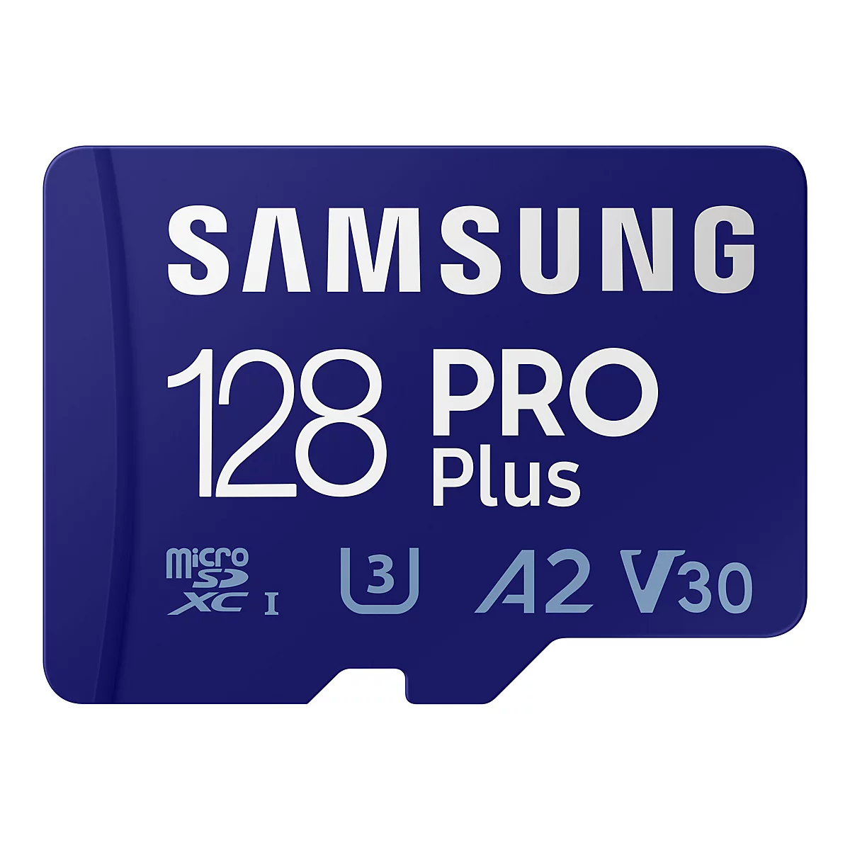 Dunkelblaue Speicherkarte mit weiÃŸer Schrift. SAMSUNG 128 PRO Plus und weitere Symbole sind zu sehen.