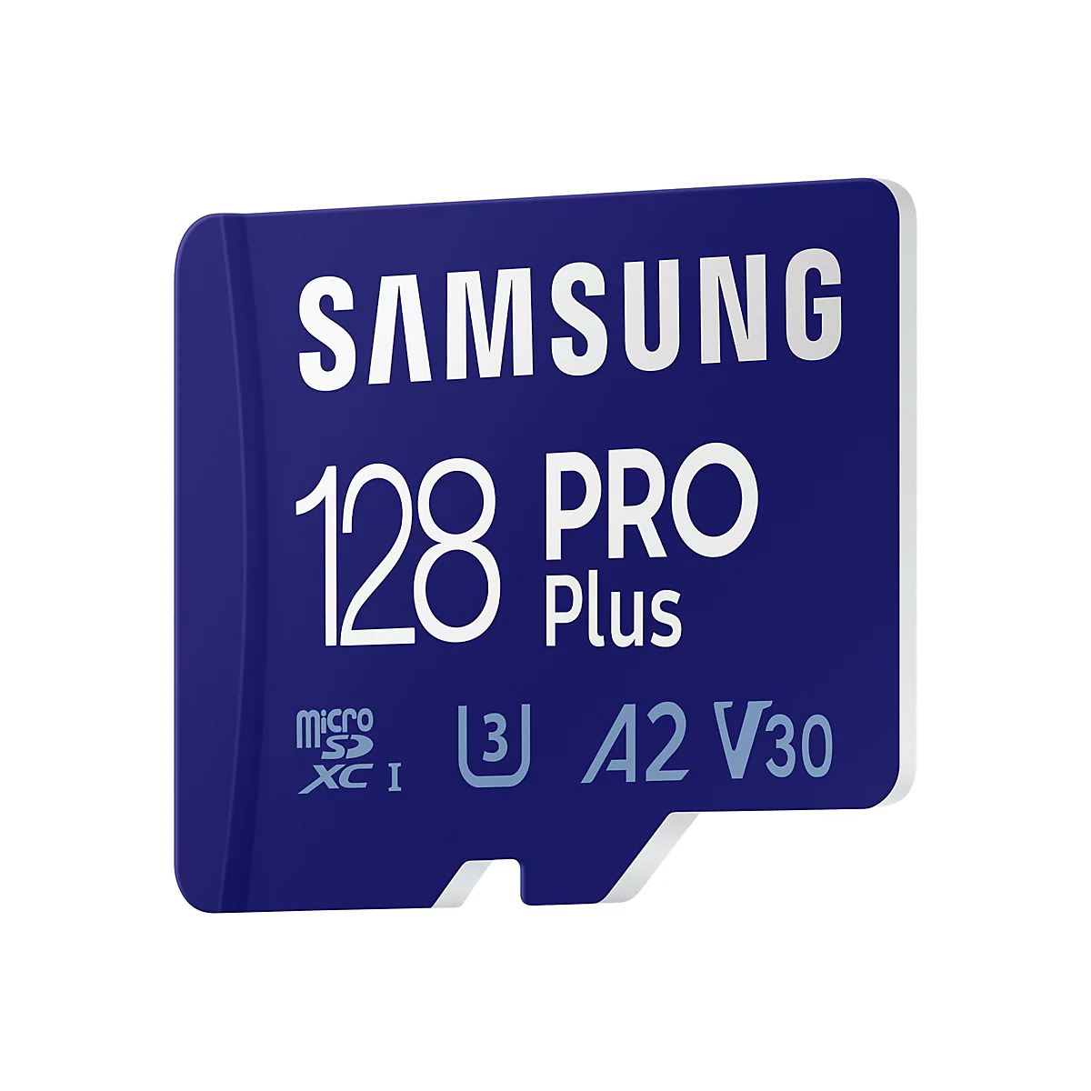 Blaue Samsung 128 Pro Plus Micro SD-Karte. Aufschrift: Samsung, 128, Pro Plus, microXC I, L3, A2, V30.