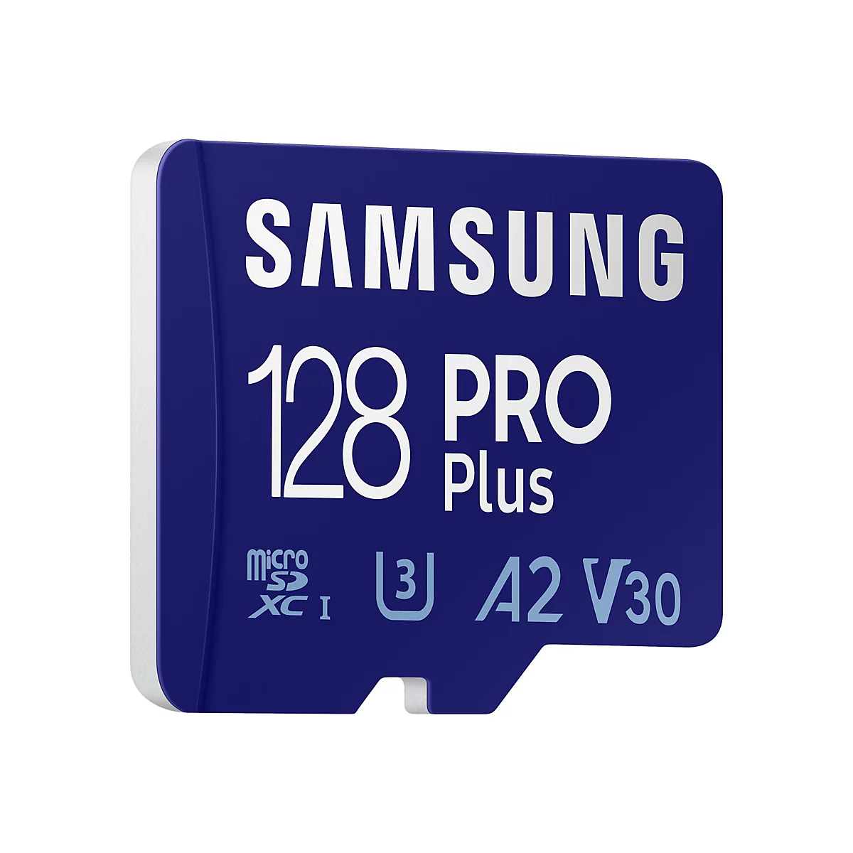 Blaue Samsung MicroSD-Karte mit weiÃŸer Schrift: 128 PRO Plus. Darunter das MicroSDXC Logo, U3, A2 V30.
