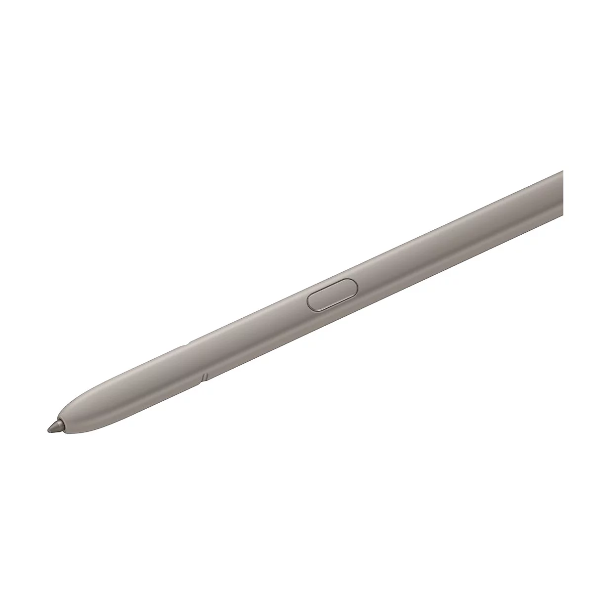 Grauer Eingabestift, liegt diagonal, mit Knopf und Spitze nach unten.