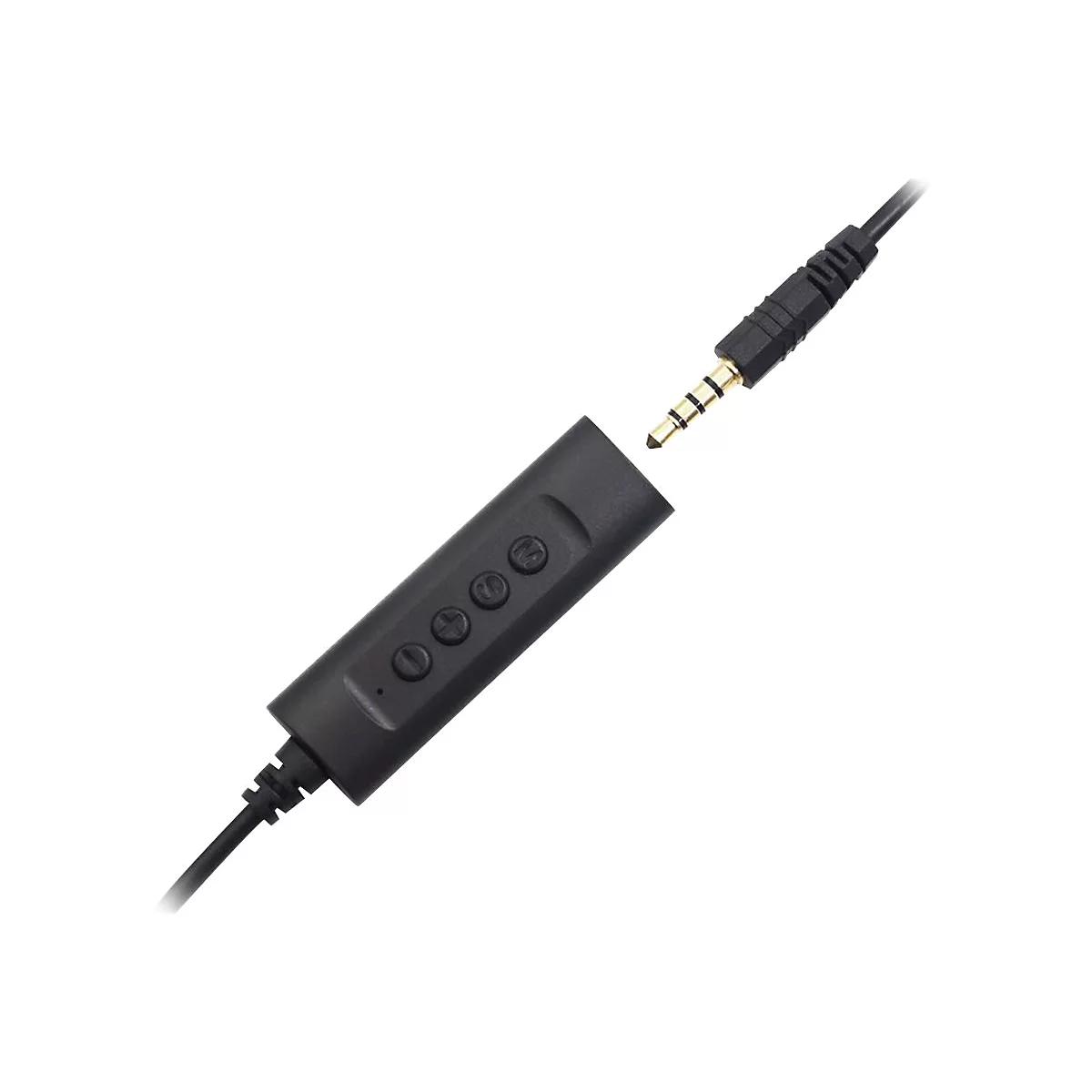 Nahaufnahme eines schwarzen Audiokabels mit Bedienfeld und Klinkenstecker, der sich ablöst.