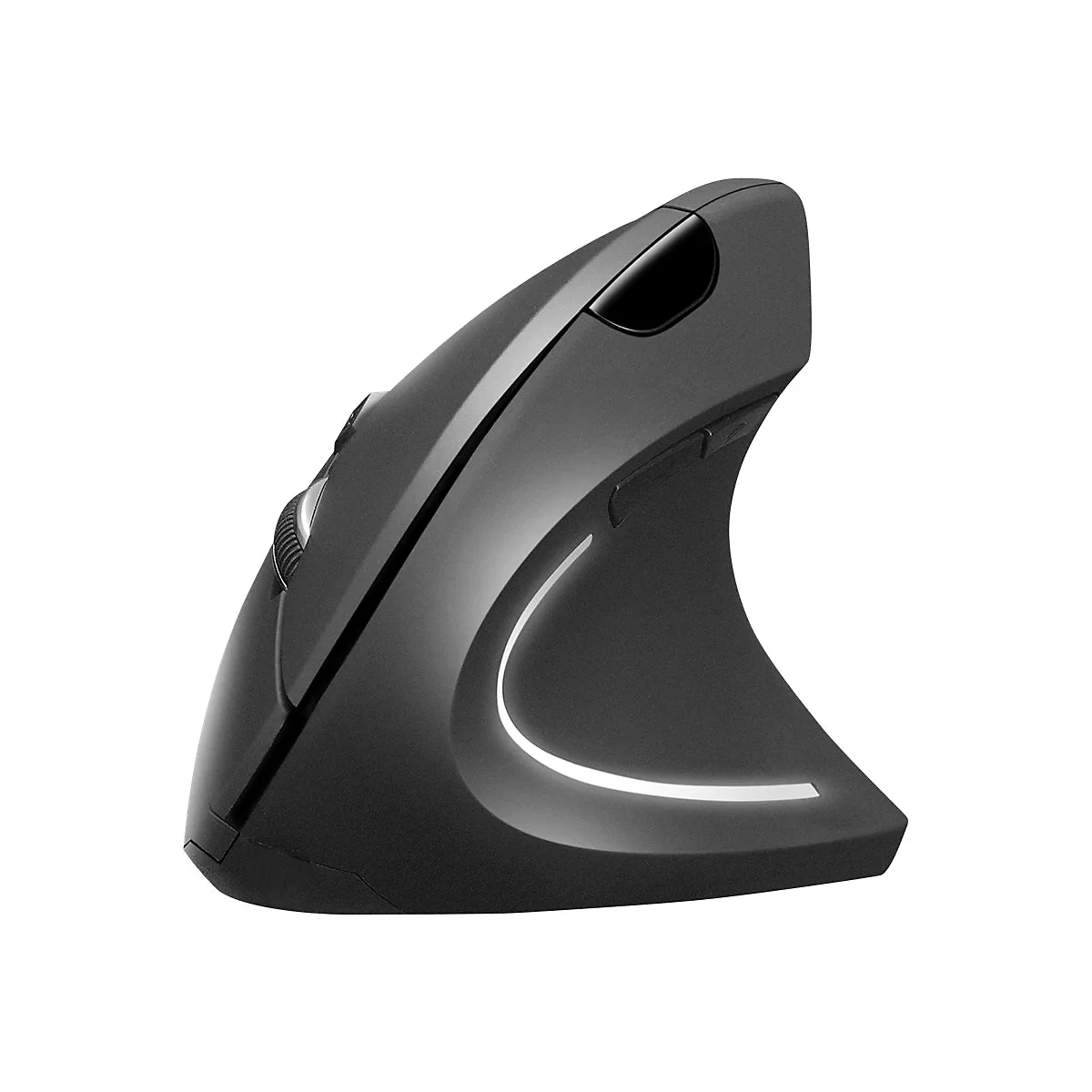 Souris verticale ergonomique grise, éclairée en blanc, vue détaillée.