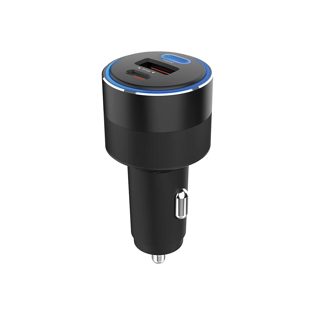 Schwarzes Kfz-Ladegerät mit zwei USB-Anschlüssen, 100W und 30W Beschriftung und blauem Lichtring vor weißem Hintergrund.