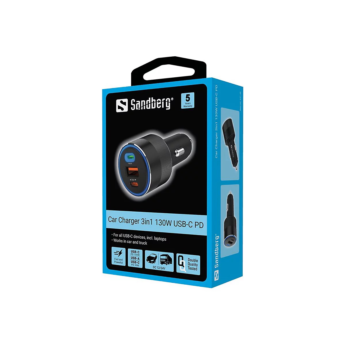 Sandberg 3-in-1 USB-C Auto-Ladegerät mit 130W Leistung in der blauen Verkaufsverpackung.