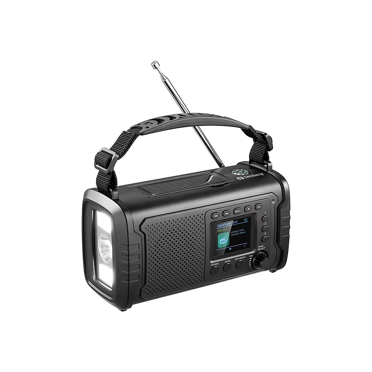 Schwarzes Notfallradio mit LED-Leuchte, Solarpanel und Tragegriff. Der Bildschirm zeigt Radiodaten. Oben ist eine Antenne zu sehen.