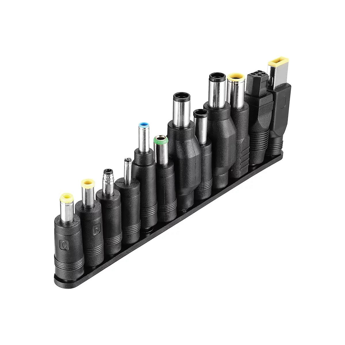 Sammlung verschiedener schwarzer Netzteile mit unterschiedlichen Anschlüssen und farbigen Markierungen, angeordnet in einer schwarzen Halterung auf weißem Grund.