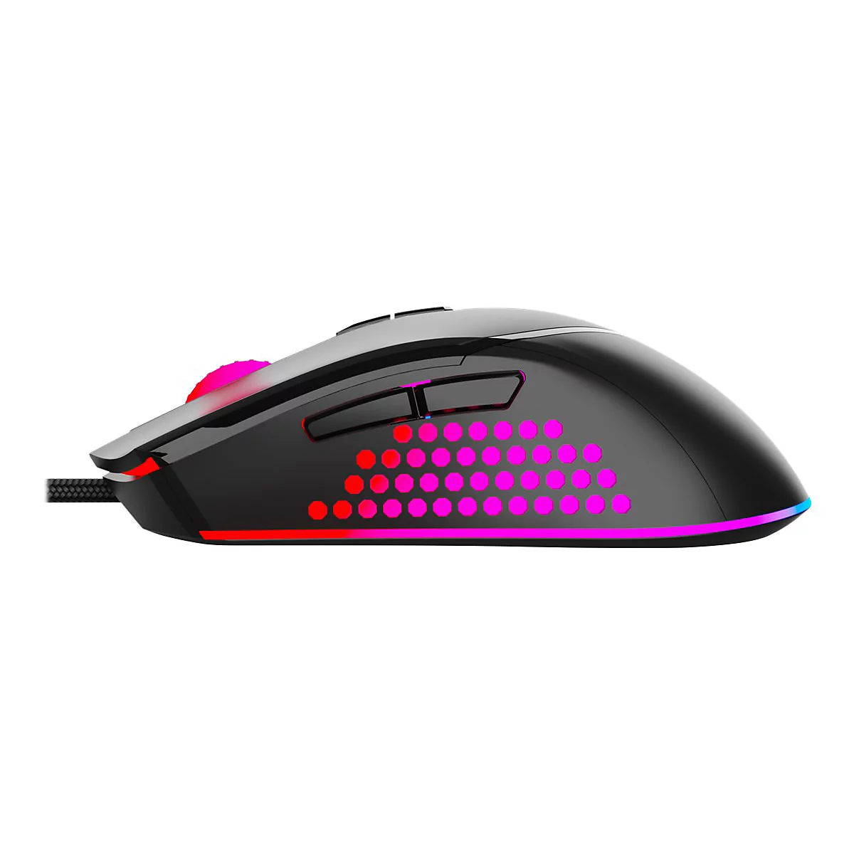 Schwarze Gaming-Maus mit RGB-Beleuchtung. Rotes und pinkes Lichtmuster an der Seite und am Rand. Scrollrad und Zusatztasten vorhanden.