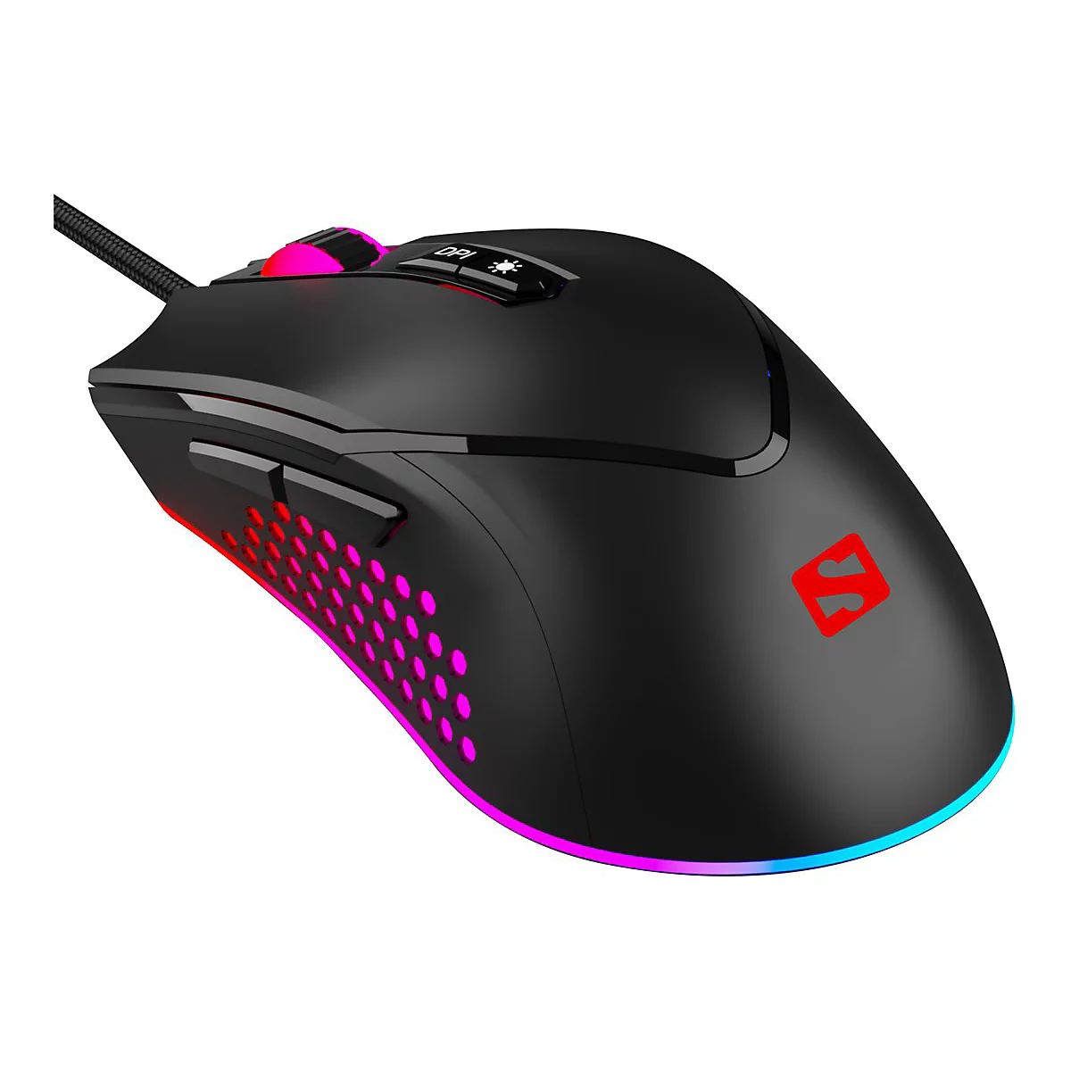 Schwarze Gaming-Maus mit LED-Beleuchtung und DPI-Einstellung. Seitlich rote und pinke LEDs.