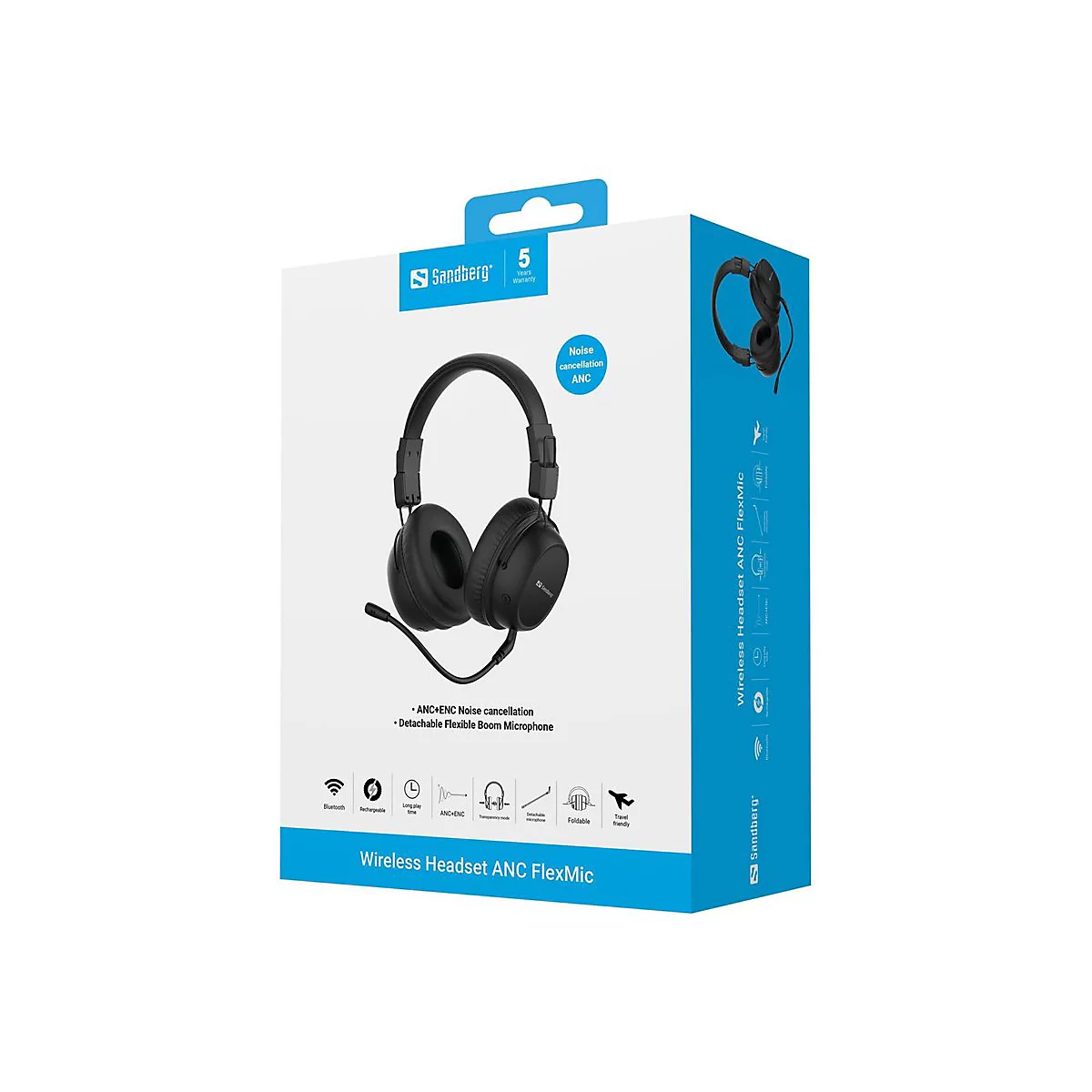 Verpackung des schwarzen Sandberg Wireless Headsets mit ANC FlexMic auf weiß-blauem Karton.
