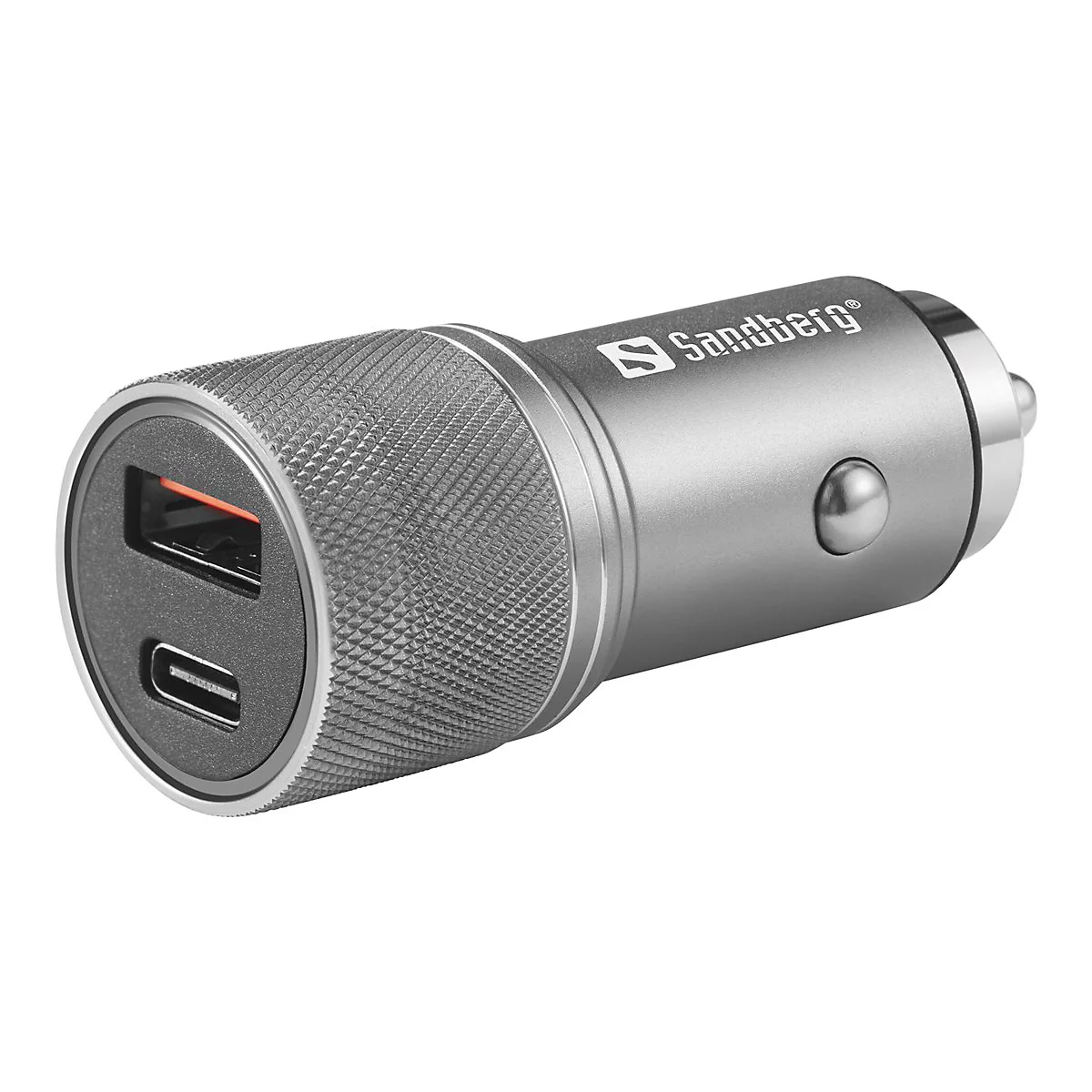 Grauer USB-Autoladegerät mit zwei Anschlüssen, Marke Sandberg, auf weißem Hintergrund.
