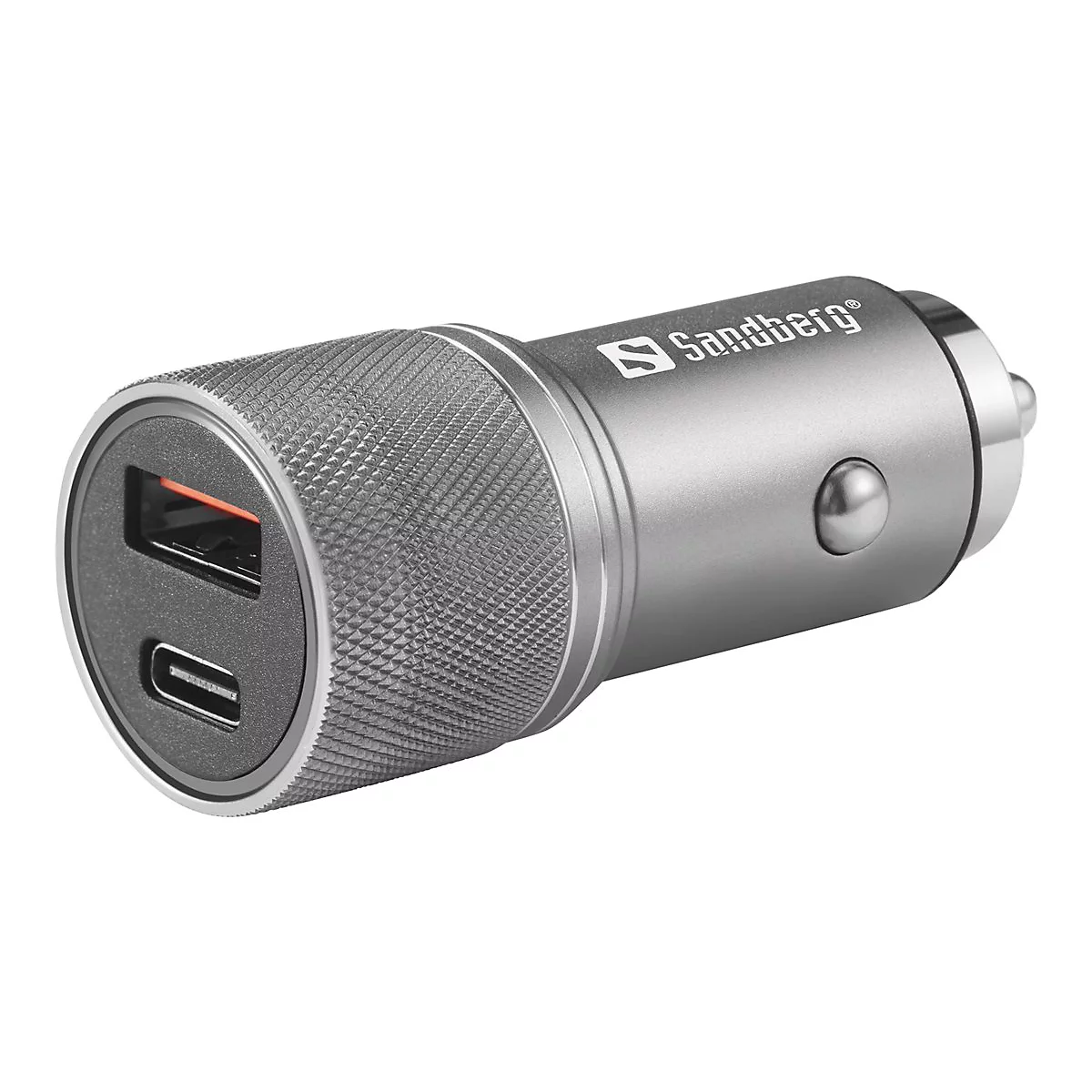 Silberner Sandberg USB-C Auto-Adapter. Oben ein USB-A-Anschluss, unten ein USB-C-Anschluss.