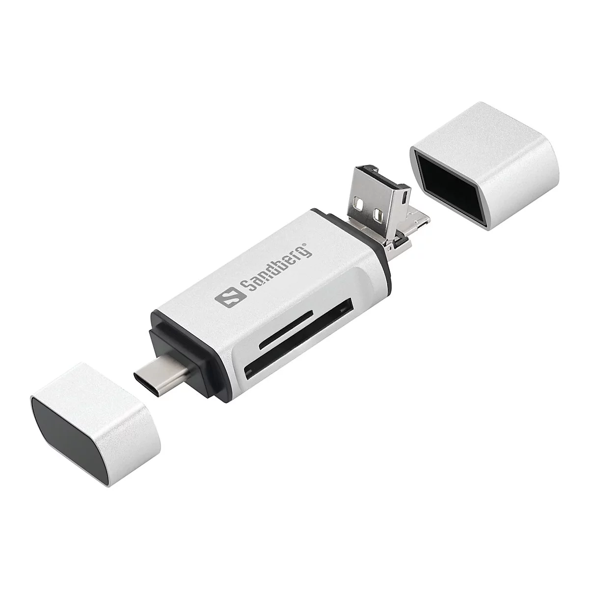 Lecteur de carte Sandberg argenté avec connexions USB-C et USB-A. Deux couvercles sont retirés.