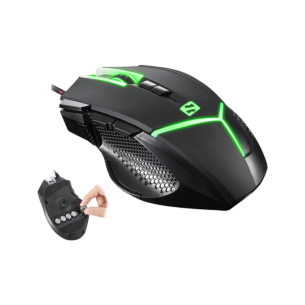 Schwarze Gaming-Maus mit grÃ¼ner Beleuchtung, Designelementen und abnehmbarem Gewichtssystem.