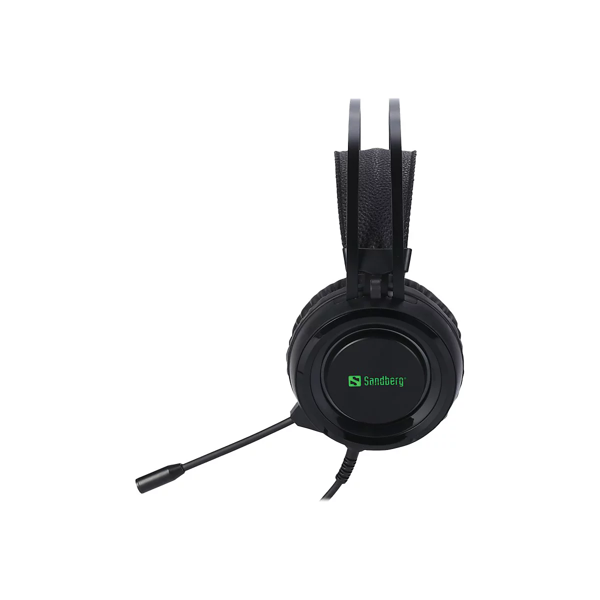 Schwarzes Gaming-Headset mit Mikrofon, Sandberg-Logo. Das Headset hÃ¤ngt vor weiÃŸem Hintergrund.