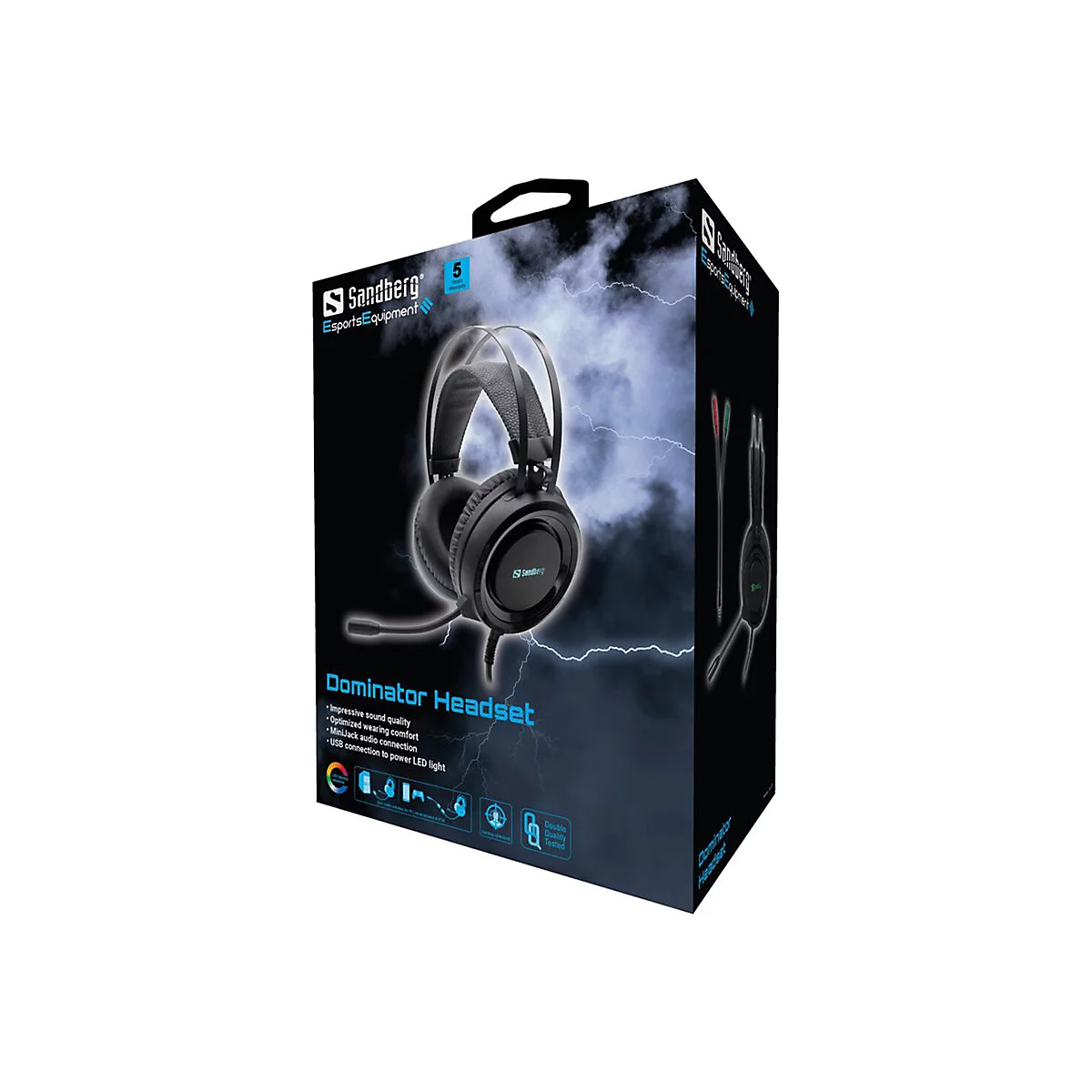 Schwarzer KopfhÃ¶rer mit Mikrofon auf Produktverpackung. Der Name Dominator Headset und das Logo Sandberg sind deutlich sichtbar.