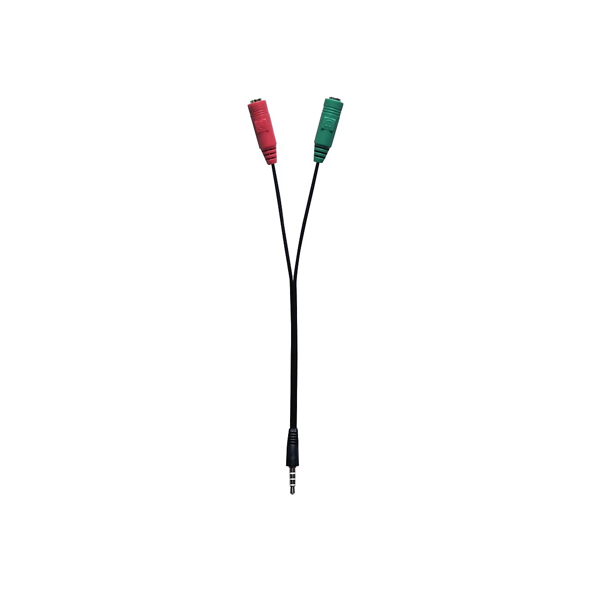Ein schwarzes Y-Kabel, das in einen roten und einen grÃ¼nen Stecker Ã¼bergeht. Am unteren Ende ist ein 3,5 mm Klinkenstecker.