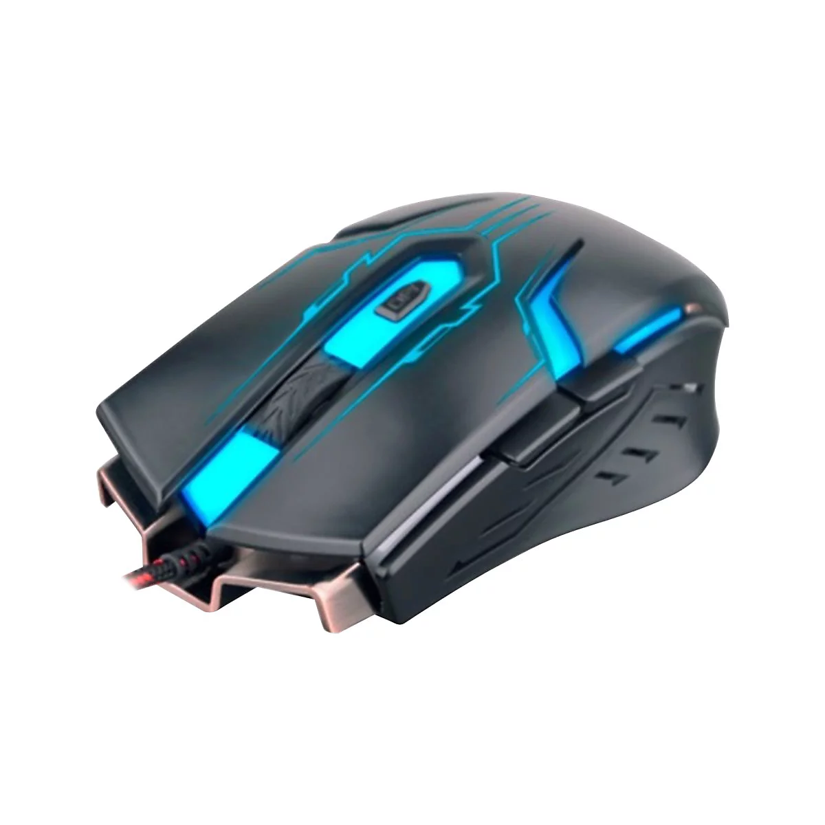 Schwarze Gaming-Maus mit blauen Leuchtelementen.