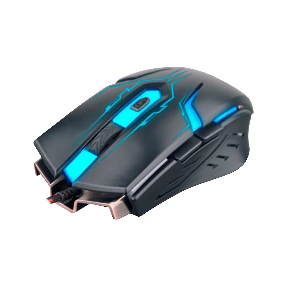 Schwarze Gaming-Maus mit blauen Lichtern, Kabelanschluss.