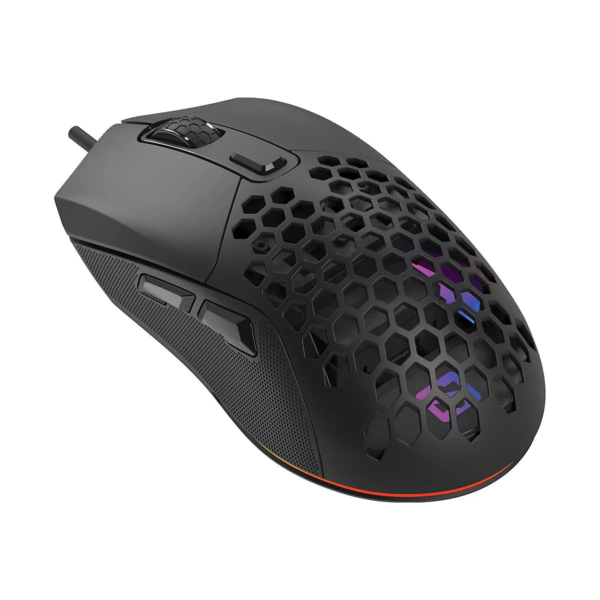 Schwarze Gaming-Maus mit Wabenmuster und bunten Lichtern. Zwei Seitentasten und ein Scrollrad sind sichtbar.