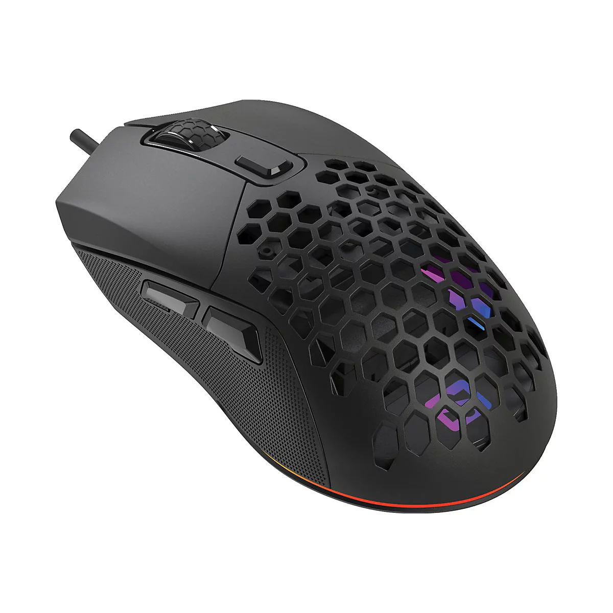 Schwarze Gaming-Maus mit Wabenmuster-Gehäuse und RGB-Beleuchtung vor weißem Hintergrund.
