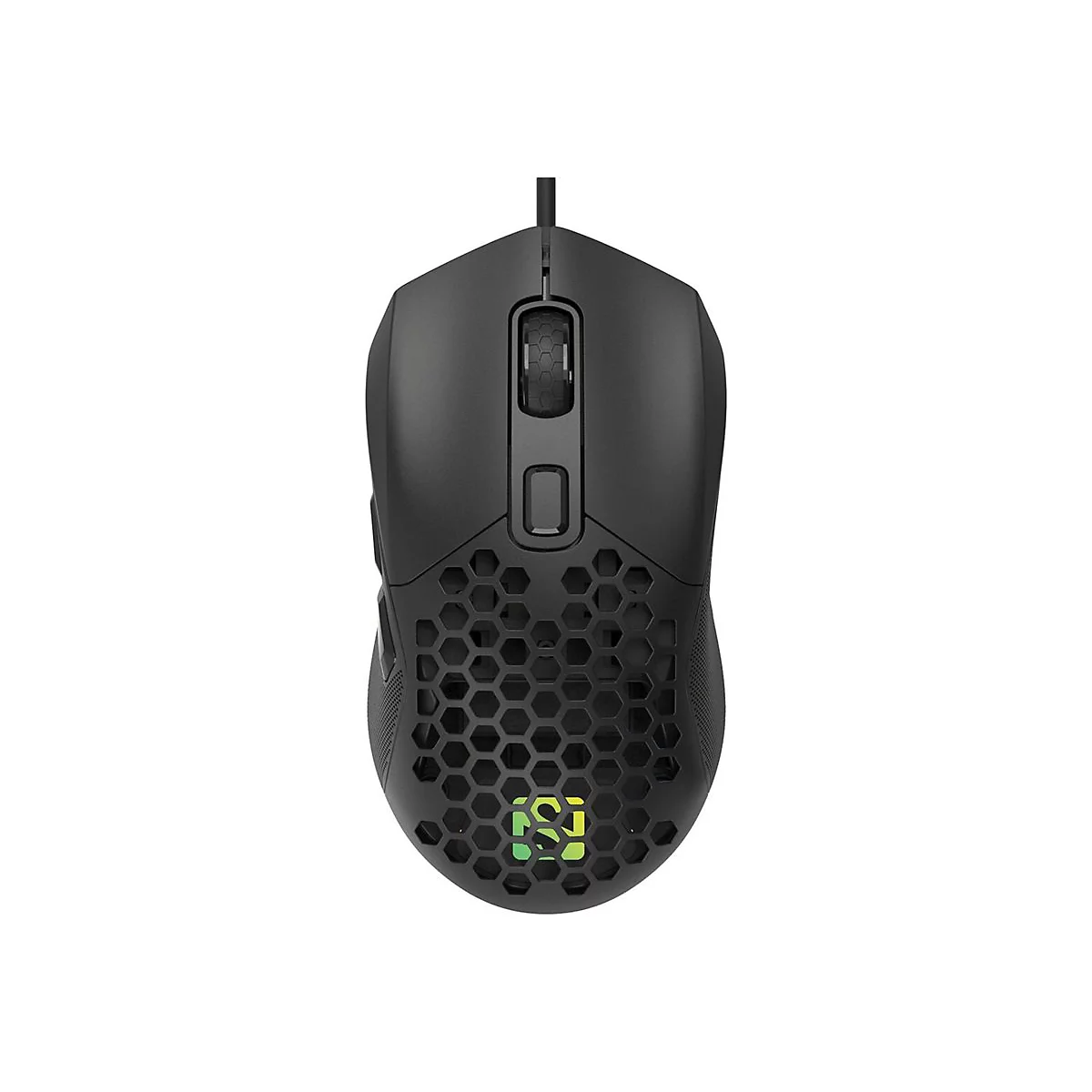 Schwarze Gaming-Maus mit Wabenstruktur auf der Oberseite, beleuchtetem Logo und Kabel vor weißem Hintergrund.