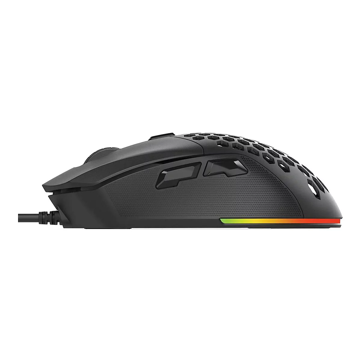 Schwarze Gaming-Maus mit Wabenmuster und RGB-Leuchtstreifen in der Seitenansicht.