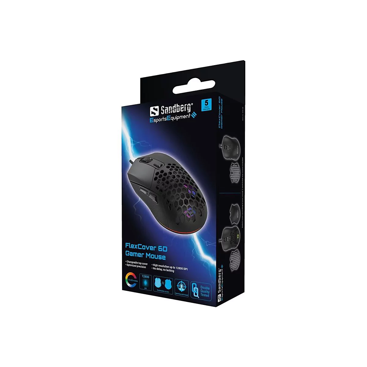 Produktverpackung der schwarzen Sandberg FlexCover 6D Gaming-Maus mit Wabenmuster und RGB-Beleuchtung.