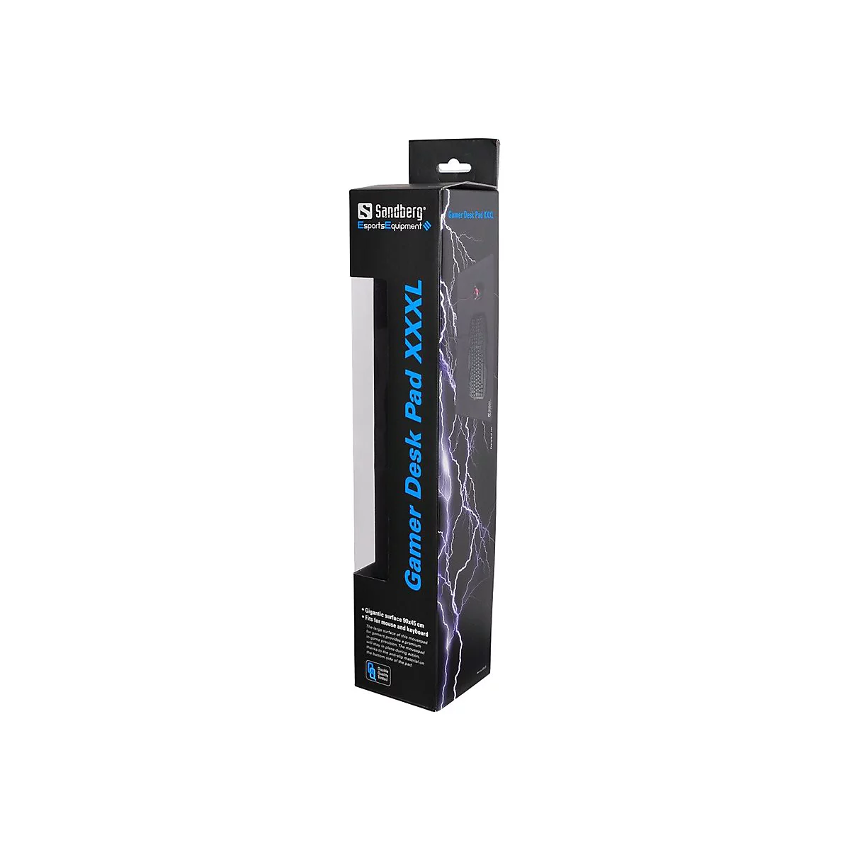 Schwarze Verpackung fÃ¼r ein Gamer Desk Pad, Aufschrift 'Gamer Desk Pad XXXL'. Gewittermuster und Logo.