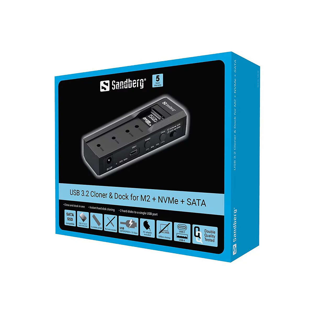 Sandberg - HDD / SSD Dockingstation - Klonfunktion mit Offline Clone Schächte: 2 - 2,5' / 3,5' gemeinsam genutzt (6,4 cm/8,9 cm gemeinsam genutzt) - M.2 NVMe Card / SATA 6Gb/s - USB-C 3.2 (Gen 2)