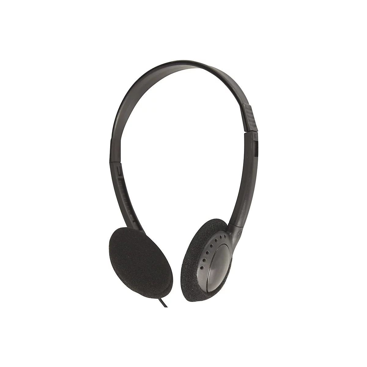 Schwarzer Kopfhörer auf weißem Hintergrund, Ohrmuscheln aus Stoff, Bügel aus Kunststoff.