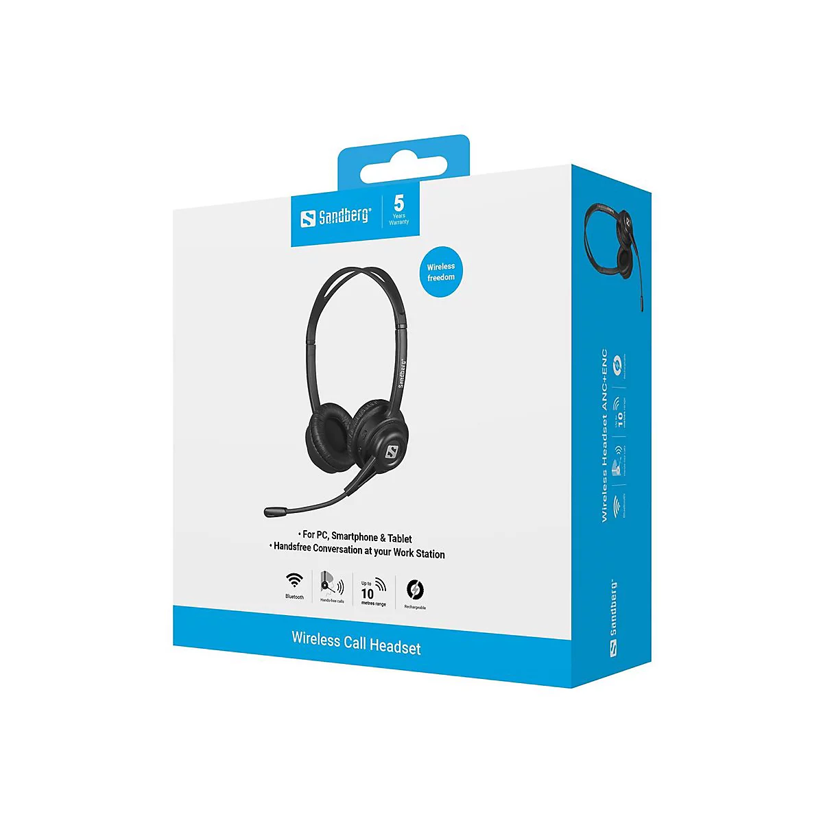 Produktverpackung eines schwarzen, kabellosen Sandberg Headsets mit Mikrofonarm und 5 Jahren Garantie.