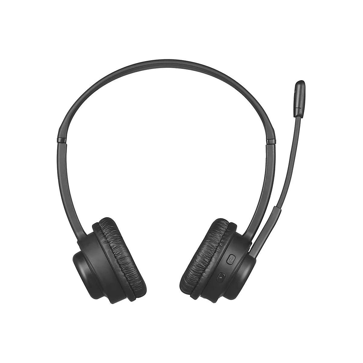 Schwarzes On-Ear-Headset mit verstellbarem Kopfbügel, gepolsterten Ohrmuscheln und integriertem Mikrofonarm.