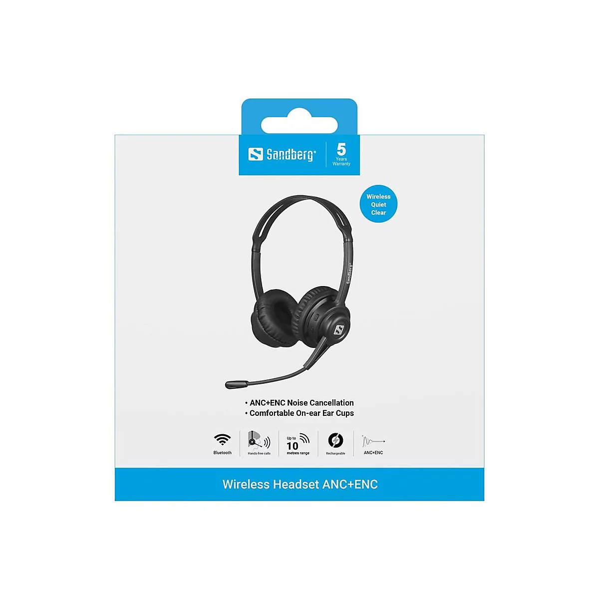 Sandberg Wireless Headset mit Mikrofonarm und Noise-Cancelling in Produktverpackung.
